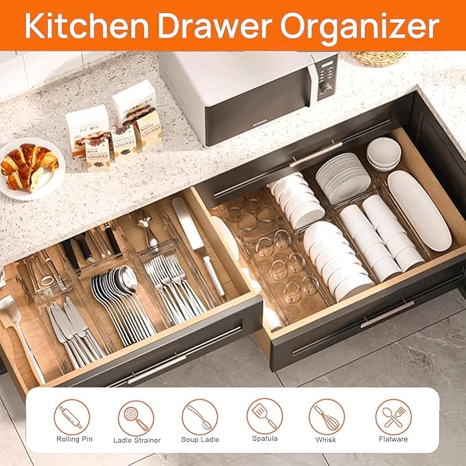 Acrylic Drawer Dividers ??Adjustable 11??0.8 Inch Expandable Deep Dresser Drawer Dividers ??Clear Plastic Drawer Separators for Baby Clothes, Underwear, Kitchen & Office Storage.