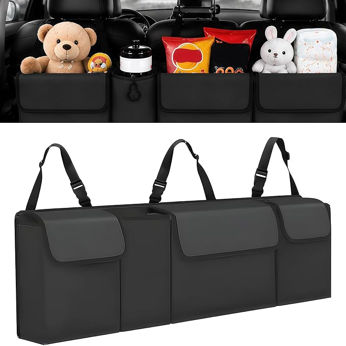 Car Trunk Organizer – Backseat Hanging Large Storage Bag with Adjustable Straps, Waterproof Collapsible Cargo Organizer with 4 Pockets, Space-Saving Trunk Storage for SUV Truck MPV (Black)