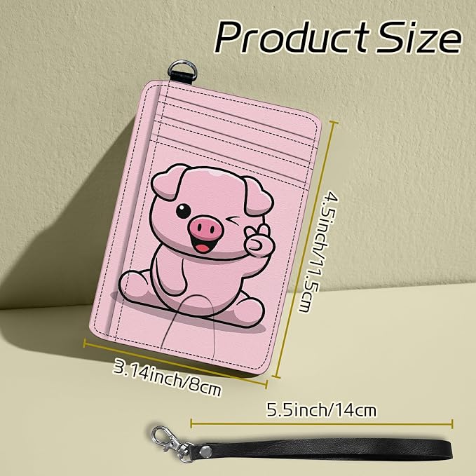 Small Travel Wallets, Pink Pig Slim Minimalist Front Pocket Wallet with Wristlet, RFID Blocking PU Leather Credit Card Holder with ID Window Change Purse for Men Women