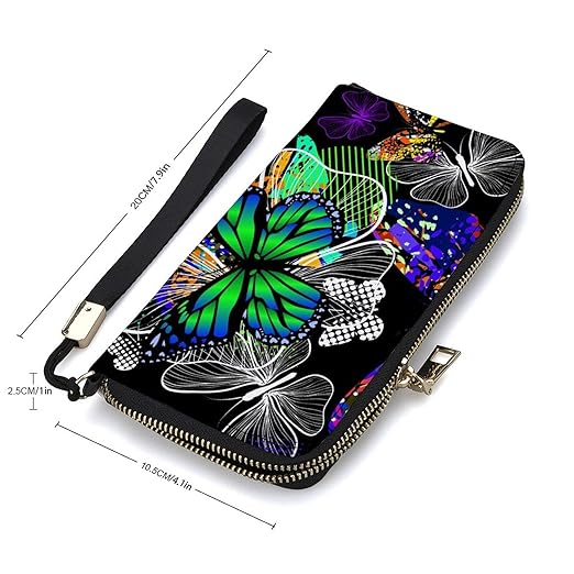 Unisex Zip Around Wallet for Adults Teens Abstract Ink Stains with Butterflies Coin Pouch Cash Pocket PU Leather Wallets Card Holder Organizer Designer Purse with Wristlet Strap