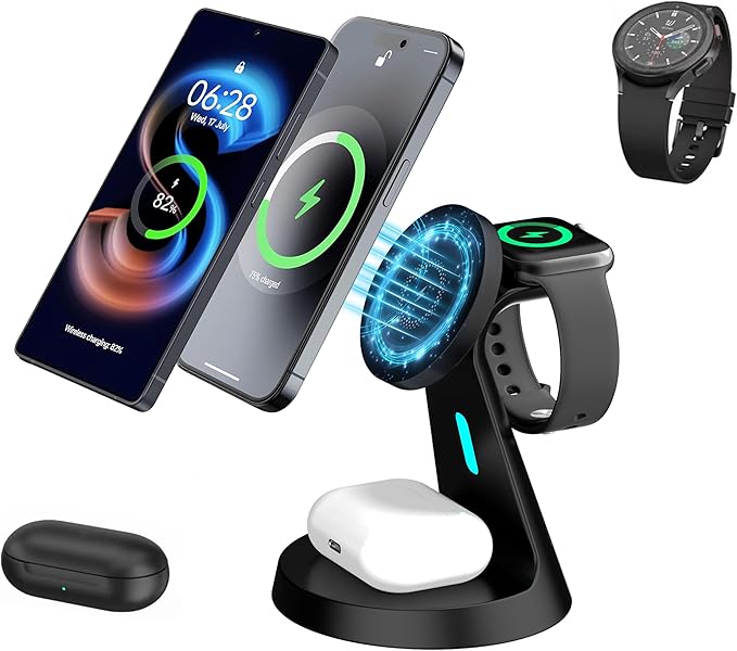 𝟐𝟎𝟐𝟔 𝐍𝐞𝐰 Magnetic Wireless Charger for Samsung & Apple Devices, 3 in 1 Charging Station Magnetic Charger Stand simultaneously Compatible with Samsung and Apple Series Black