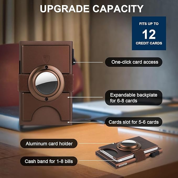 TOYFID Minimalist Wallet for Men,Slim Wallet Compatible with AirTag,Card Holder Metal Wallet,Pop Up Wallet,Metal Card Holder,Quick Access Card,Rfid Blocking Protection,Hold 12+ Credit Cards (Brown)