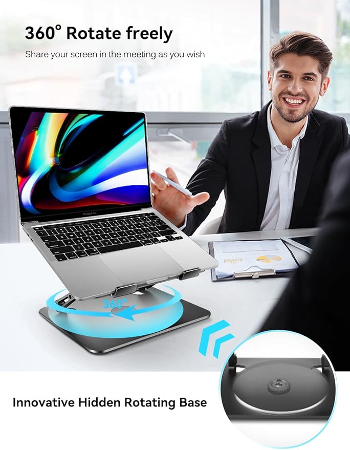 ivoler Adjustable Laptop Stand with 360° Rotating Base, Ergonomic Laptop Stand for Desk, Foldable & Portable Laptop Riser, Suitable for Collaborative Work, Fit MacBook Laptops up to 16 inches[Black]