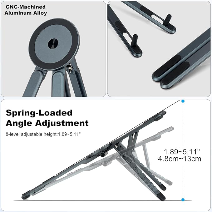 koolehaoda Portable Laptop Stand for Desk & Travel, CNC Aluminum Foldable Computer Riser Magnetic Grip Multi-Angle Support Stand for MagSafe,MacBook,iPhone,iPad, 4??6" Phones,Tablets and Laptops