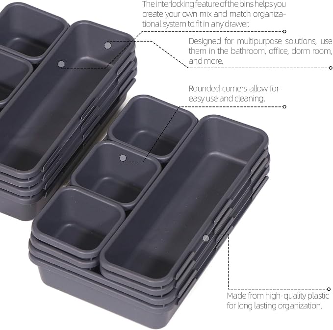Set of 32 Interlocking Desk Drawer Organizer Tray Dividers Plastic Shallow Narrow Drawers Organizers Separators Storage Bins Container for Kitchen Bathroom Makeup Office Vanity Bedroom Dresser
