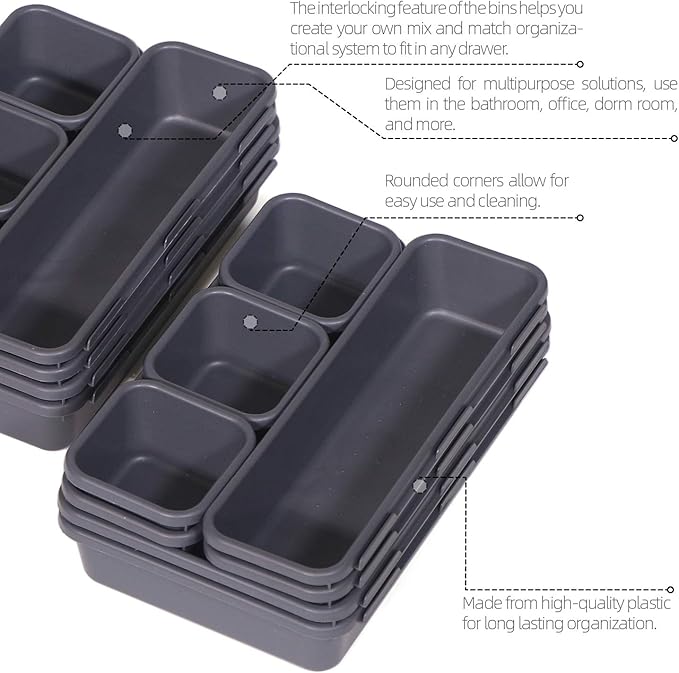 TENABORT 42 Pack Interlocking Desk Drawer Organizer Tray Dividers Plastic Shallow Narrow Drawers Organizers Separators Storage Bins Container for Kitchen Bathroom Makeup Office Vanity Dresser