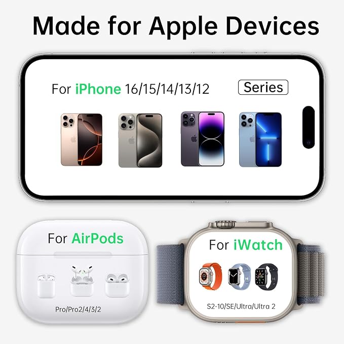 2026 3 in 1 Charging Station Fast Charging for iPhone,Wireless Charger for iPhone 17 16e 16 15 14 13 12 11 X Pro Max & Apple Watch - Wireless Charging Station for AirPods 4 3 2 Pro