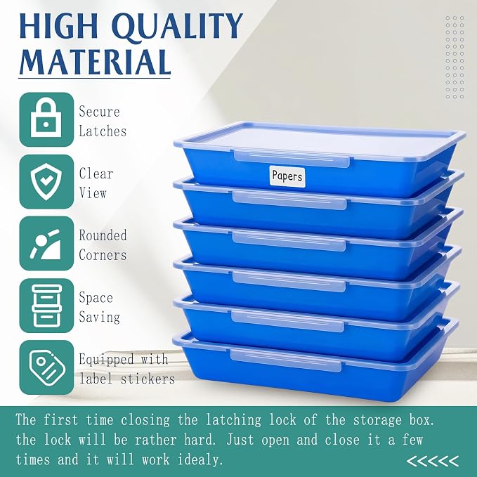 Tinlade 12 Pcs Classroom Paper Storage Bins with Clear Latching Lid, Label Stackable Letter Size Flat Tray Container for Teacher Back to School Supplies Home Office Desk Arts Crafts (Blue,13x10in)