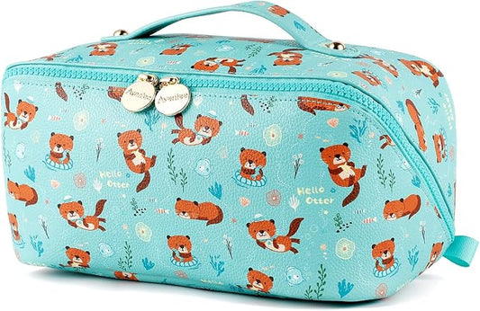 Aveniee Travel Makeup Bag for Women, Large Cosmetic Organizer with Open-Flat Design, Clear Divider & Handle - Waterproof PU Leather Toiletry Case (Otter Pattern)
