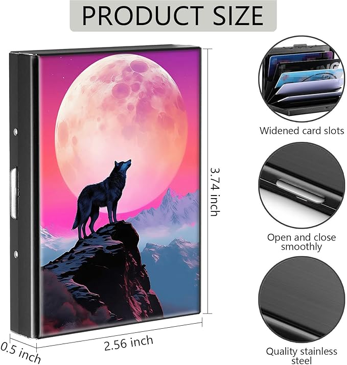 Credit Card Holder, Art Moon Wolf Design Mini RFID Blocking Aluminum Wallet Slim Metal Hard Case Shell Travel Wallet ID Case Small Credit Cards Case Business Cards for Women Men Girls