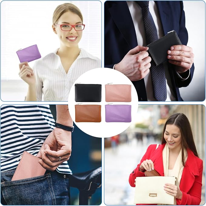 4 Pack Leather Zipper Coin Purse, Portable PU Leather Coin Purse,Mini Coin Pocket Pouch Change Holder, Coin Pouch with Zipper for Men Women Headset Credit Card ID Key Lipstick(4 color)