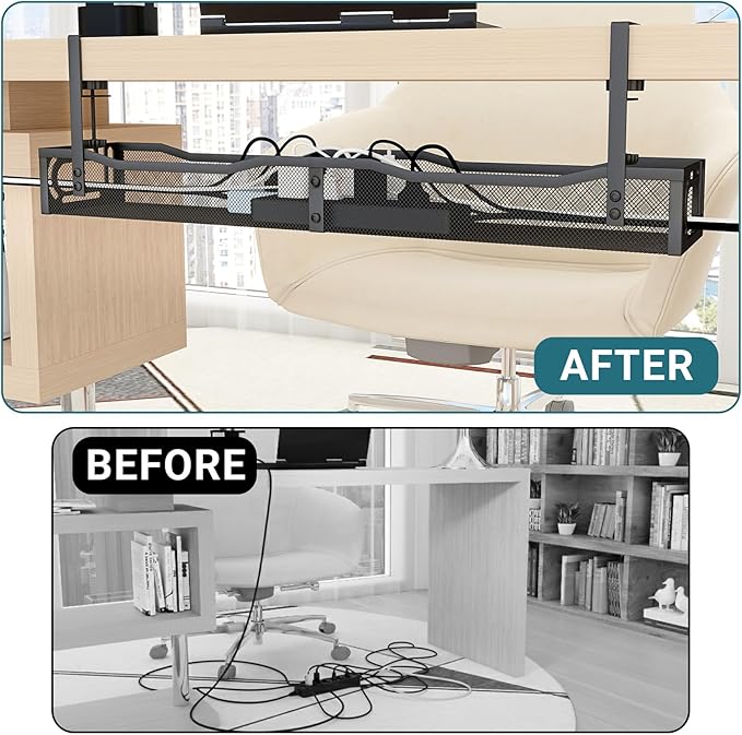 Cable Management Under Desk, 25.3'' No Drill Desk Cable Management Tray with Clamp, Metal Cord Organizer for Standing Desk, Computer Wire Management for Home Office & Gaming Setup, Black