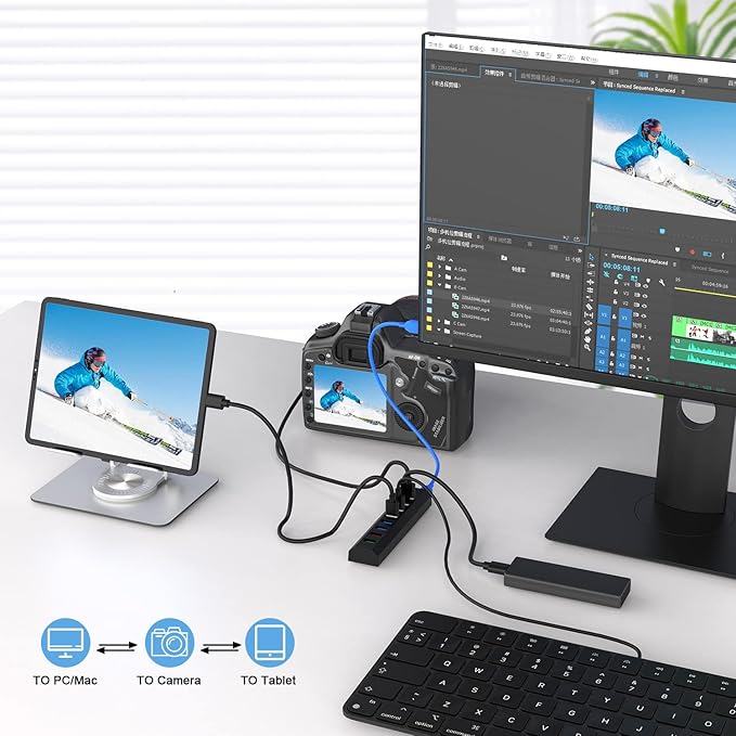 RAOYI Powered USB 3.0 Hub, 8 Ports High Speed USB 3.0 Hub Splitter with 36W Power Adapter, 3.3ft Cable and Smart Fast Charger USB Hub for Laptop, PC, Mobile HDD, Mulitple Devices (Black)