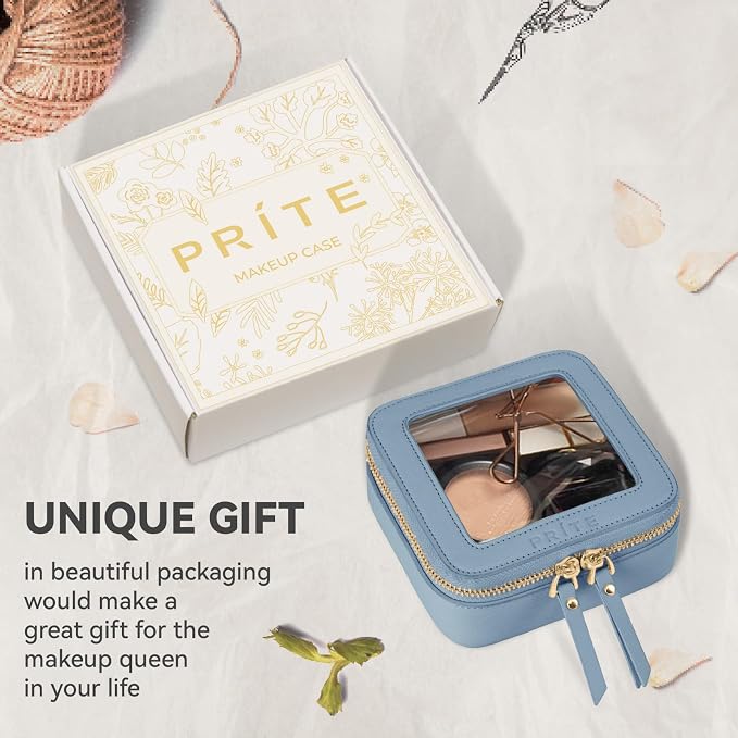 Prite Small Makeup Bag for Women Portable Clear Makeup Bag Cute Mini Waterproof Travel Cosmetic Bag with Gold Zipper for Car Essentials(Blue)