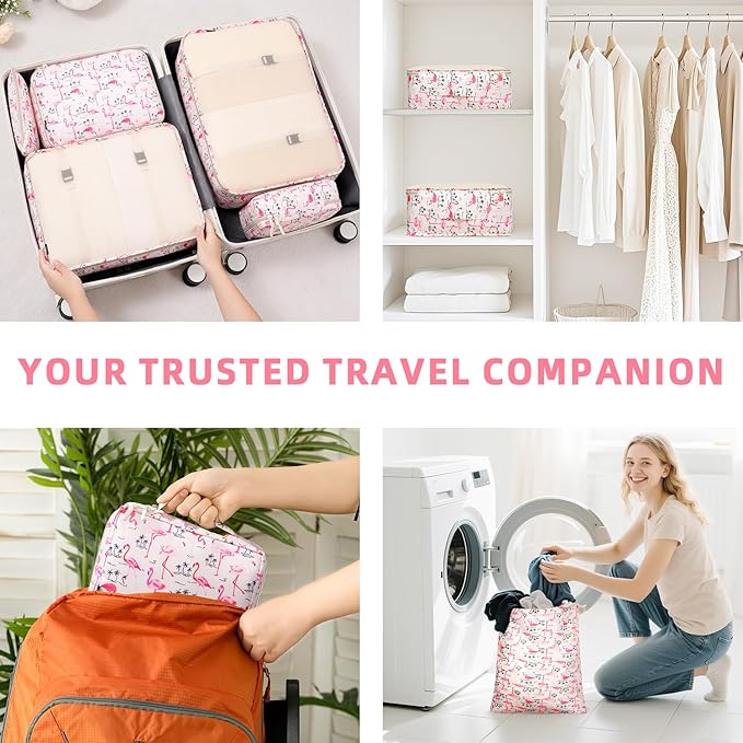 BAGAIL 8 Set Packing Cubes Luggage Packing Organizers for Travel Accessories-Pink Flamingo