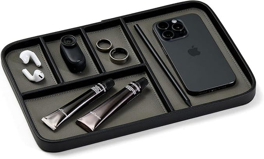 Nordik Leather Valet Tray - Pebble Black - 11.8x7.9 Inch Large Vegan Leather Tray - Stylish Nightstand Organizer for Men - Modern Bedside Caddy - EDC Catchall for Key Watch Wallet Jewellery