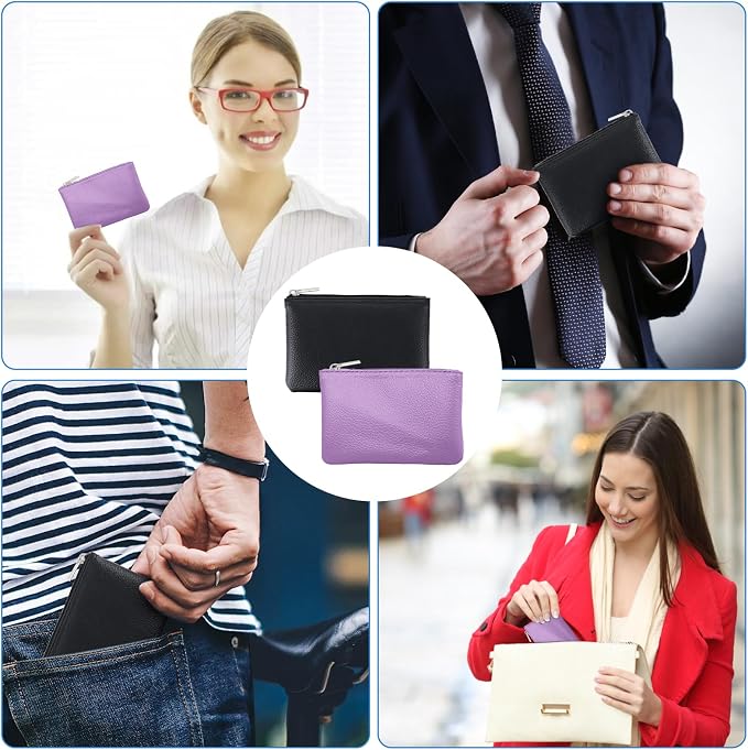 2 Pack Leather Zipper Coin Purse, Portable PU Leather Coin Purse,Mini Coin Pocket Pouch Change Holder, Coin Pouch with Zipper for Men Women Headset Credit Card ID Key Lipstick (Black&Purple)