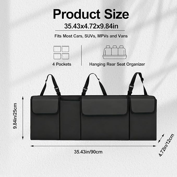 Car Trunk Organizer, Waterproof Backseat Hanging Large Storage with Adjustable Straps, Collapsible Cargo Bag with 4 Pockets, Sturdy Space Saver Frees Trunk Floor for SUV, Truck, MPV (Black)