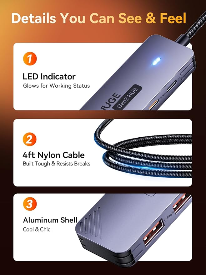 USB 3.2 Hub, QUUGE 5-in-1 USB Splitter with 2 USB-A & 2 USB-C 10Gbps, USB Multiport Adapter with A to C Adapter, 120cm Nylon Cable, 5V 2A Type-C Power Port for MacBook iMac Laptop PC Flash Drives HDD