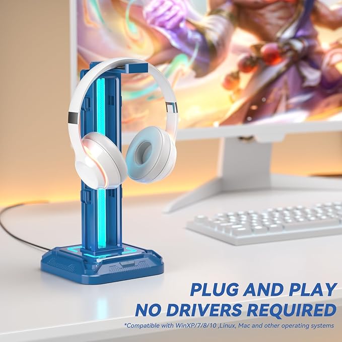 KDD Headset Stand with Light Modes - Controller Holder for Desk - Rotatable Headphone Stand & Detachable Controller Hook for PC Earphone Accessories(Blue)
