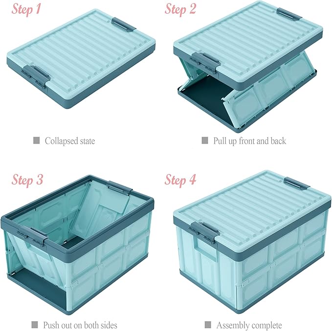 Blue Folding Plastic Stackable Utility Crates 2-Pack, Collapsible Storage Bins with Lids 30L, Durable Containers for Home & Garage Organization