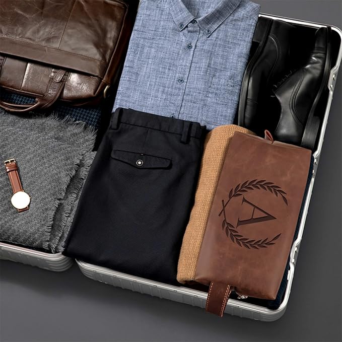 Personalized Gifts Travel Toiletry Bag for Men Engraved Initial PU Leather Waterproof Shaving Bag for Toiletries Accessories Fathers Day Birthday Gift for Men Dad Husband Son, Reddish Brown T