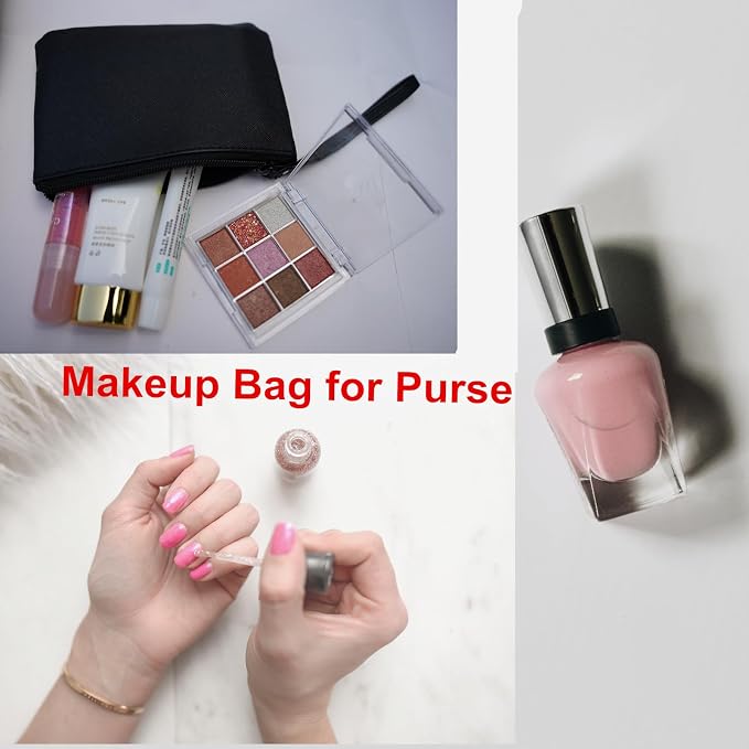 Small Makeup Bag for Purse Mini Cosmetic Pouch Zipper Little Wristlet, Tiny Make Up Organizer Lipstick Feminine Product Car Change Coin Holder for Women, 4.5 x 6.5 Clutch Stadium Approved, 1 Black