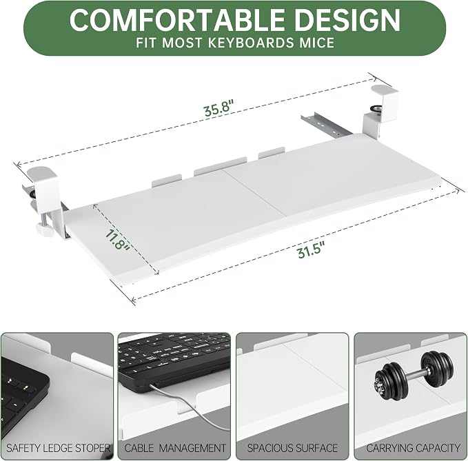 UPGRAVITY Extra Large Keyboard Tray Under Desk - Slide Out with Sturdy C-Clip Mount System, 31.5" (35.8" Including Clamps) x 11.8" Put-Out Keyboard Tray Computer Drawer for Ergonomic Typing, White