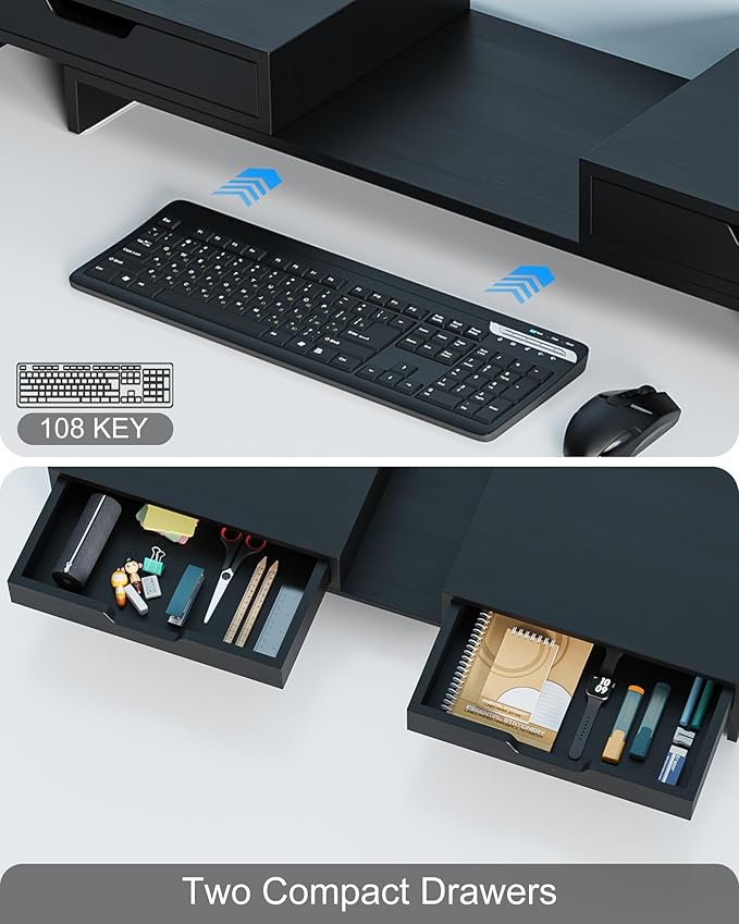 Epesoware Dual Monitor Riser with Two Drawers for Desk, Bamboo Monitor Stand Riser with Storage, Desk Shelf for Computer, IMac & Laptop, No Assembly Required, Black