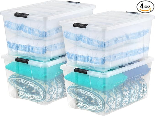 IRIS USA 94 Qt Stackable Plastic Storage Bins with Lids, 4 Pack - BPA-Free, Made in USA - See-Through Organizing Solution, Latches, Durable Nestable Containers, Secure Pull Handle - Clear