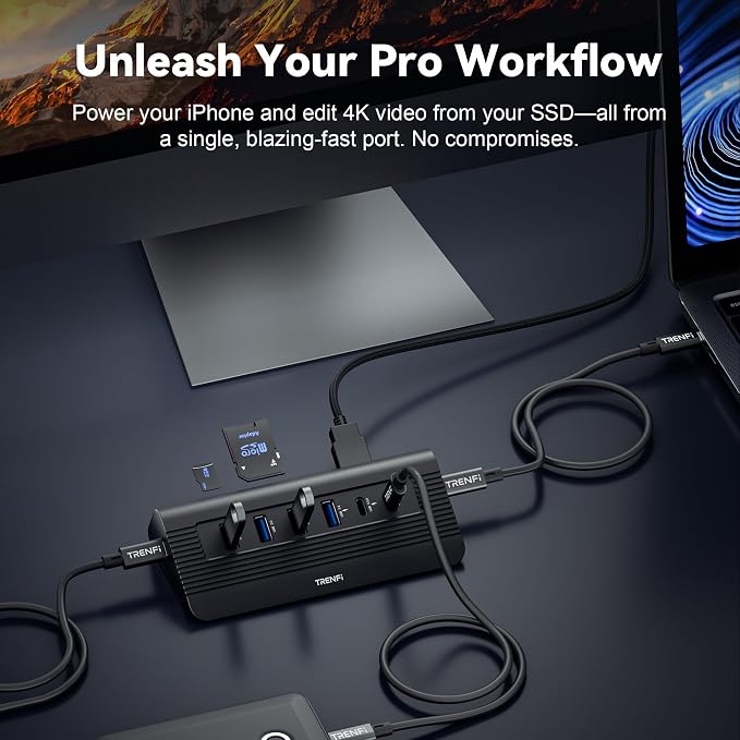 TRENFI 10-in-1 Aluminum USB C Hub with Detachable Cable | USB 3.2 Gen2 10Gbps, 4K 60Hz HDMI, 100W PD Charging, SD/TF Reader for Laptop, M1-M5 MacBook Pro/Air, Mac mini (Black)