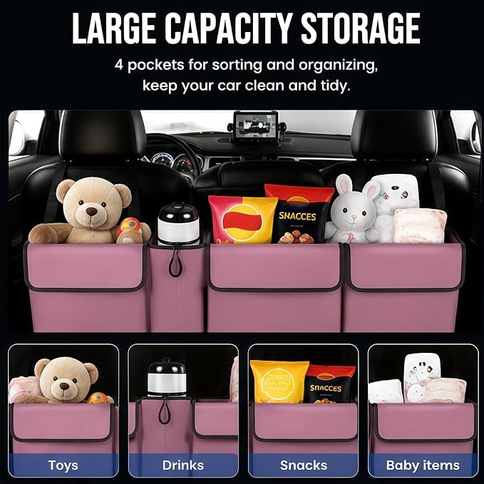 Car Trunk Organizer – Backseat Hanging Large Storage Bag with Adjustable Straps, Waterproof Collapsible Cargo Organizer with 4 Pockets, Space-Saving Trunk Storage for SUV Truck MPV (Pink)