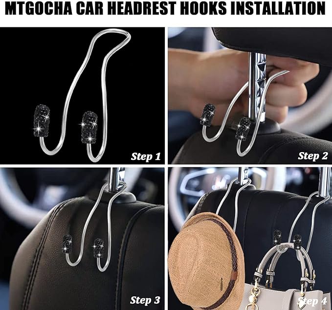 MTGOCHA Car Headrest Hooks Car Purse Hook(2 Pack),Bling Car Bag Hooks, Car Hook for Purses and Bags Cute Metal Car Purse Holder Hook, Bling Car Accessories for Women, Black