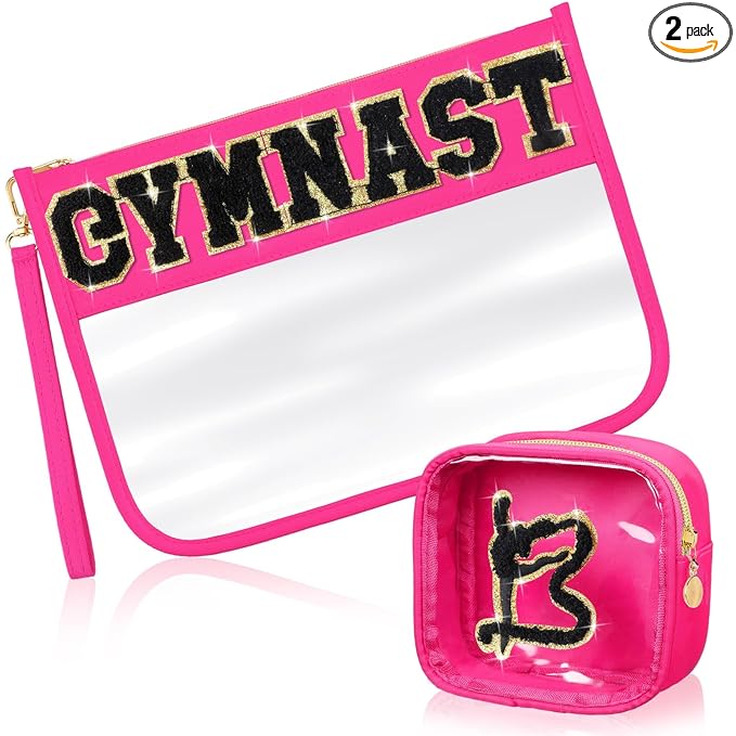 Hillban 2 Pcs Gymnastics Makeup Bag for Women Gymnastic Coach Gift Gymnastics Stuff for Sport Lover Birthday Team Gifts Chenille Letter Bag Cosmetic Clear Toiletry Pouch Waterproof Travel Purse