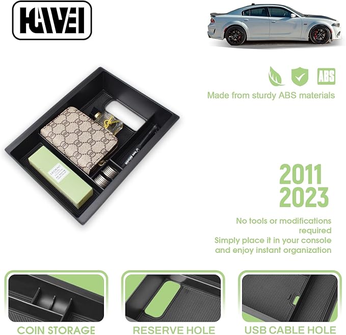 HGWEI Center Console Organizer Compatible with Dodge Charger/Chrysler 300C 2011-2023 Armrest Storage Box Secondary Insert Tray Interior Accessories, Black