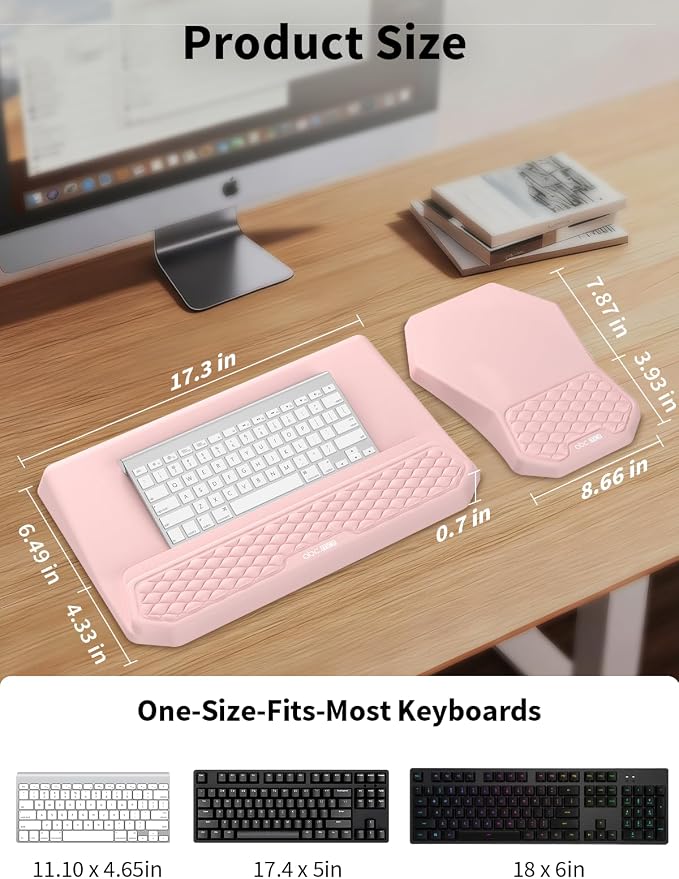 3-in-1 Ergonomic Keyboard Stand with Wrist Rest & Mouse Pad Set, Comfy Keyboard Riser Holder Soft Mousepad with Massage Design, Memory Foam and Non-Slip PU Base for Pain Relief, Pink