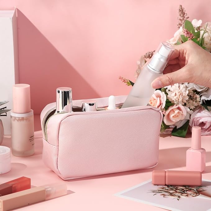 Sweetude 10 Pcs Makeup Bag Bulk for Women Preppy Gift PU Leather Cosmetic Bag Small Skincare Toiletry Pouch Mother Travel Cosmetic Pouch for Bridesmaid Bride Wedding Gift Favors (Rose Gold)
