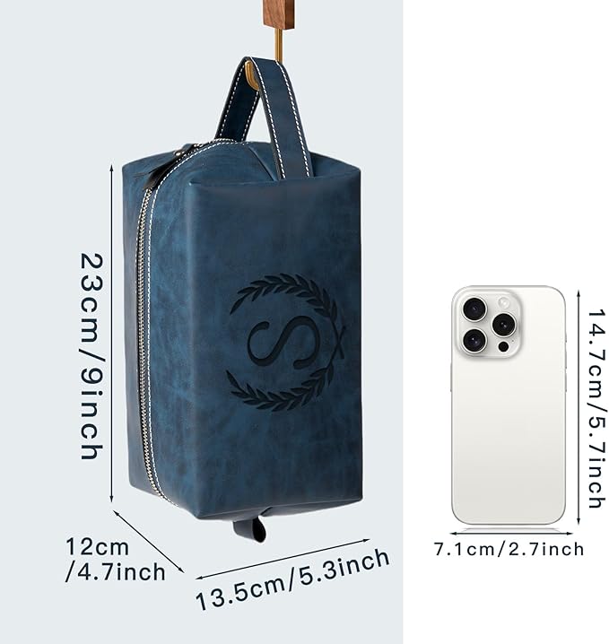 Personalized Gifts Travel Toiletry Bag for Men Engraved Initial PU Leather Waterproof Shaving Bag for Toiletries Accessories Fathers Day Birthday Gift for Men Dad Husband Son, Dark Blue W