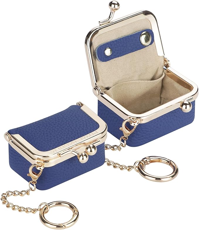 Royal Bagger Genuine Cow Leather Mini Jewelry Box Women's Coin Purse Solid Color Kiss Lock Change Pouch Casual Style Small Storage Bag for Women 1894 (Royal Blue with Chain)