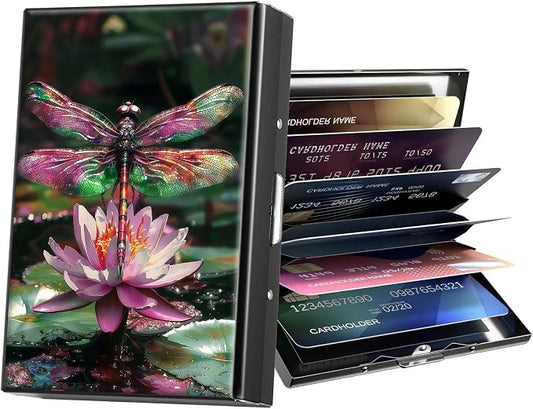 Metal Wallet,Credit Card Holder for Women Men,RFID Blocking Card Holder Mini Slim Aluminum Wallet ID Case Hard Case Business Card Holder Case,Lotus Dragonfly Cute