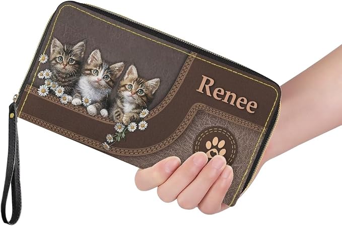 Bulopur Custom Wallet with Name for Women Cute Cat RFID Wristlet Wallets Zip Around Cash Slim Compact Clutch Long Credit Card Holder PU Leather Handbags Gifts for Cat Owner