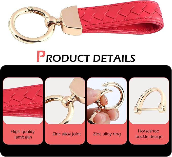 Car Keys Keychain, Leather Key Chain, Red Leather Wristlet Keychain with 2 Key Ring andAnti-Lost D-Ring, Keyfob holder for Women Men (Red)