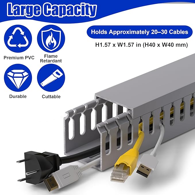 ZhiYo H1.6in W1.6in Professional Server Rack Cable Management Raceway, 99in (6 x L16.5in) Cable Raceway Kit, Electrically Safe PVC Open Slot Wire Raceway for Under Desk/Computer/Network Cords, Grey