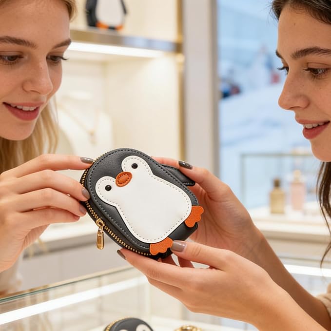 NovelCute Cartoon Penguin-shaped Coin Purse PU Leather Accordion Card Holder Large Capacity Zippered Money and Card Organizer Portable Mini Coin Purse Key Pouch(grey)