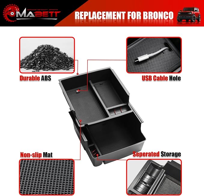 Mabett Console Organizer Tray for Bronco Accessories, Armrest Storage Box fit Bronco 2021-2024 2/4-Door (Not Fits 2025 2026) with Non-Slip Mat Black