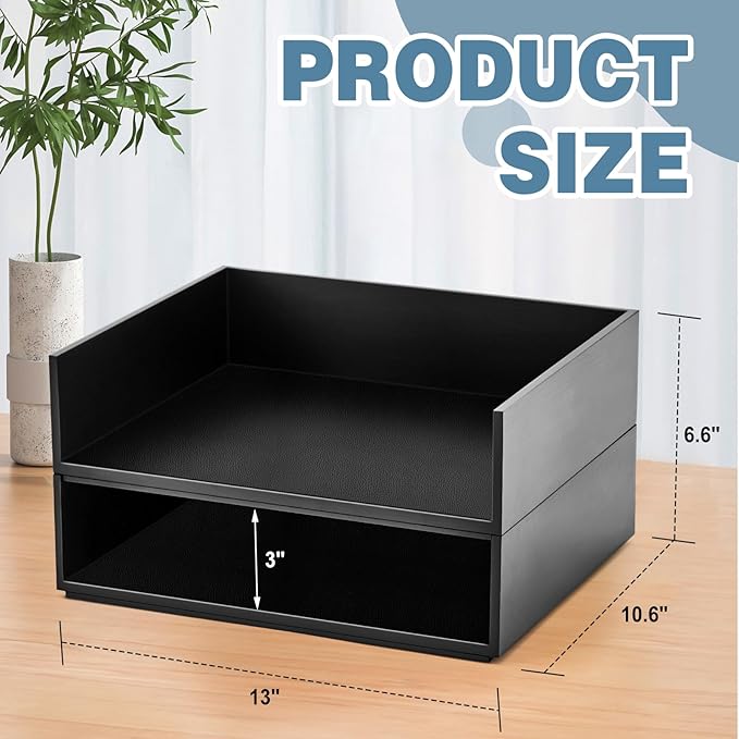 Yeaqee 2 Pcs Wooden Leather Stackable Letter Trays 13 x 10.6inch Luxurious Surface Desk Letter Tray Heavy Paper Inbox Mail Organizer for Office Document Magazine Folder Desktop Accessories(Black)