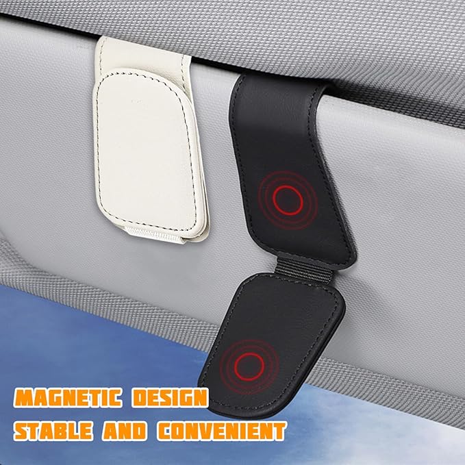 Sunglasses Holder for Car Visor, Microfiber Leather Magnetic Sun Visor Eyeglasses Hanger & Ticket Card Clip, Multi-Function Automotive Interior Glasses Mount, Universal Fit (Light Beige)