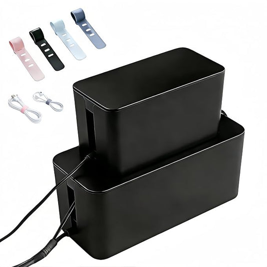 1 Large + 1 Small Cable Management Box Set – 2-Piece Cord Organizer Box, Home Office Desk Wire Storage & Cable Management Solution (Acryliclid lid/Black)