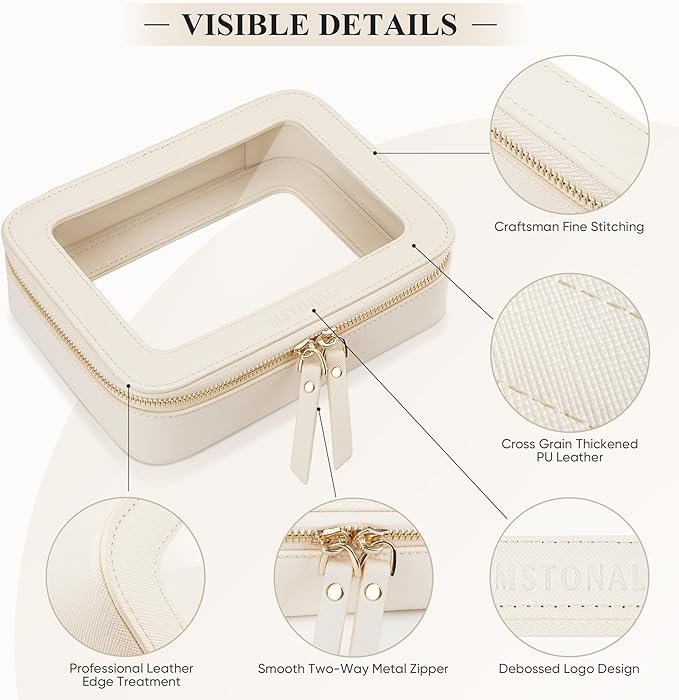 Clear Makeup Bag, Travel Toiletry Bag Cosmetic Case for Women, Waterproof Portable Make Up Skincare Pouch with Zipper, Compact Car Organizer Bag for Essentials, Medium Size, Beige