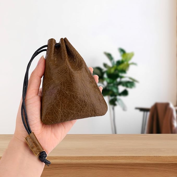 Leather Drawstring Pouch, Cowhide Vintage Leather Storage Bags Pouch Medieval Coin Purse Organizer for Earphone (Brown)